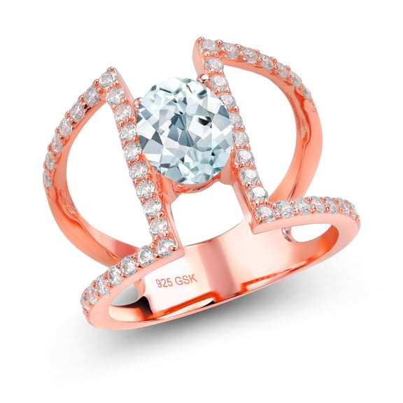 Gem Stone King 1.86 Ct Oval Sky Blue Aquamarine 18K Rose Gold Plated Silver Ring (Size 7)
