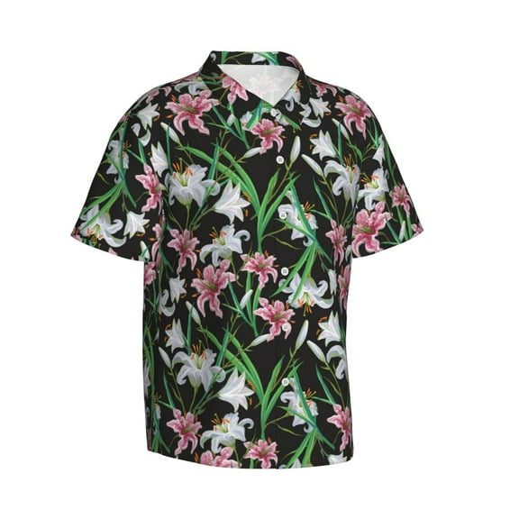 Lsque Lilies Flowers pattern Hawaiian Shirt for Men, Unisex Summer Beach Casual Short Sleeve Button Down Shirts-XX-Large