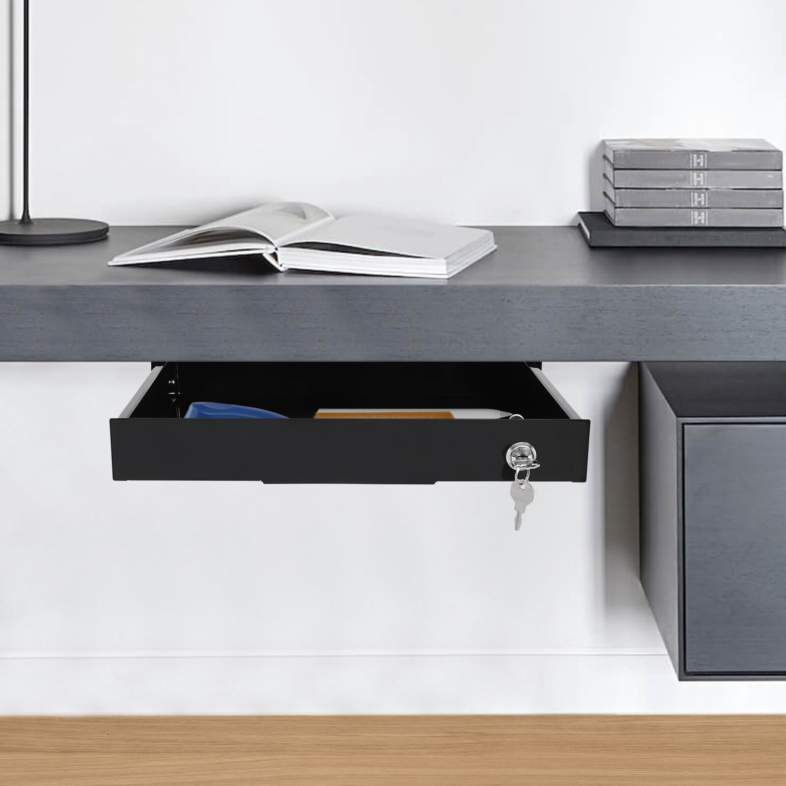 Under Desk Mounted Drawer Storage Sliding Out Tray Black Space Saver With Keys~