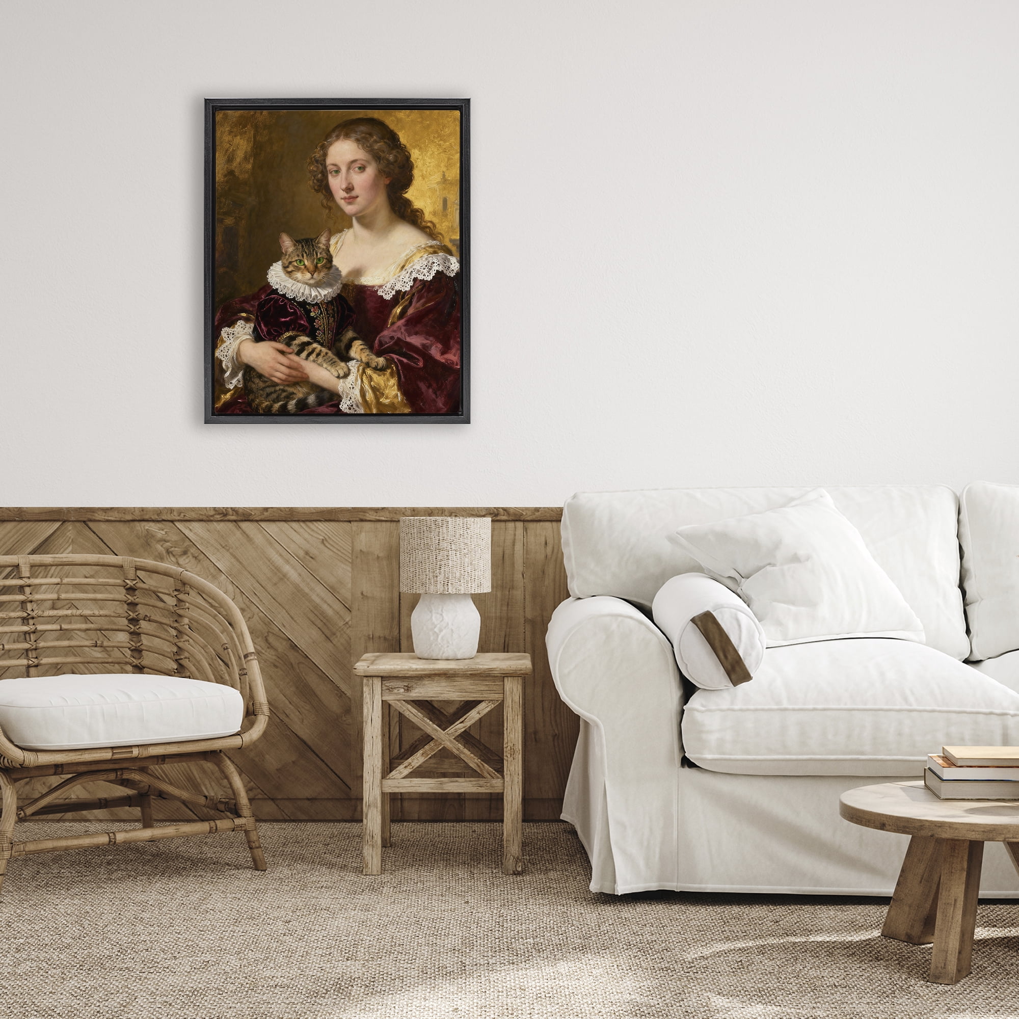 Stupell Industries Renaissance Lady with Regal Cat Black Framed Floater Canvas Wall Art, design by CAD Designs