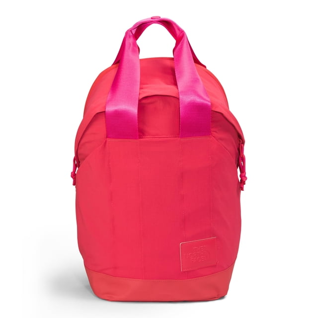 the north face mochila never stop para mujer, clay red/mr. rosa talla única — vista frontal centrada de mochila rosa rojizo con asas superiores rosa brillante y tirantes acolchados; panel frontal con parche de la marca, cremallera superior, bolsillos laterales para botellas y funda acolchada para laptop de 16"; capacidad 20 L, ideal para la ciudad y la oficina y a menudo usada para guardar accesorios de viaje compactos.
