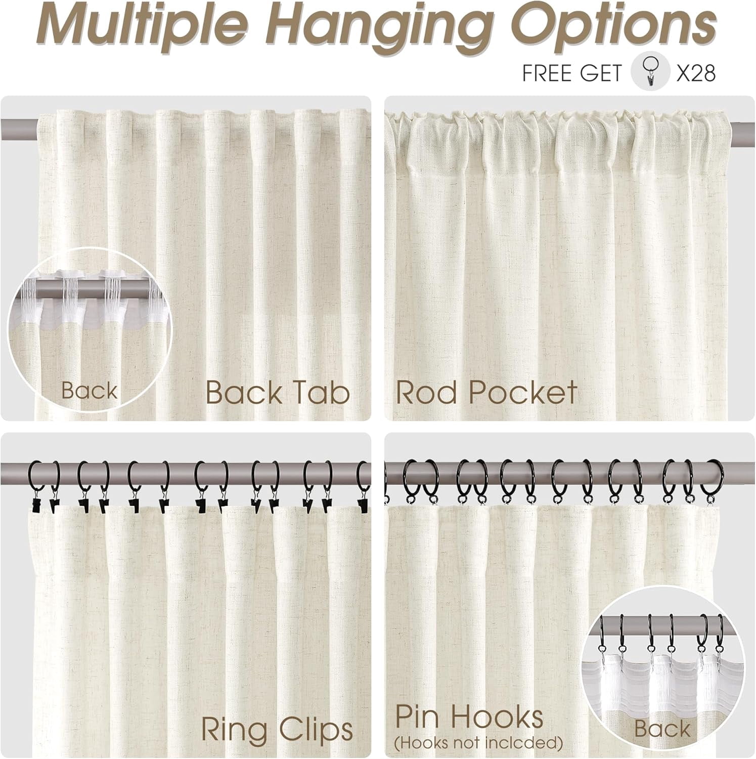 Linen Curtains 96 Inches Long for Living Room 2 Panels Back Tab Modern Farmhouse Light Filtering Soft Linen Draperies Privacy Boho Long Curtains for Bedroom Dining Ivory Cream W52 x L96