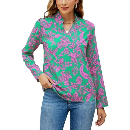 

MAYUJIAASE V Neckline Printed Blouse Fashionable Casual Fitted Long Sleeve Printed Blouse for Daily Life A02-1121