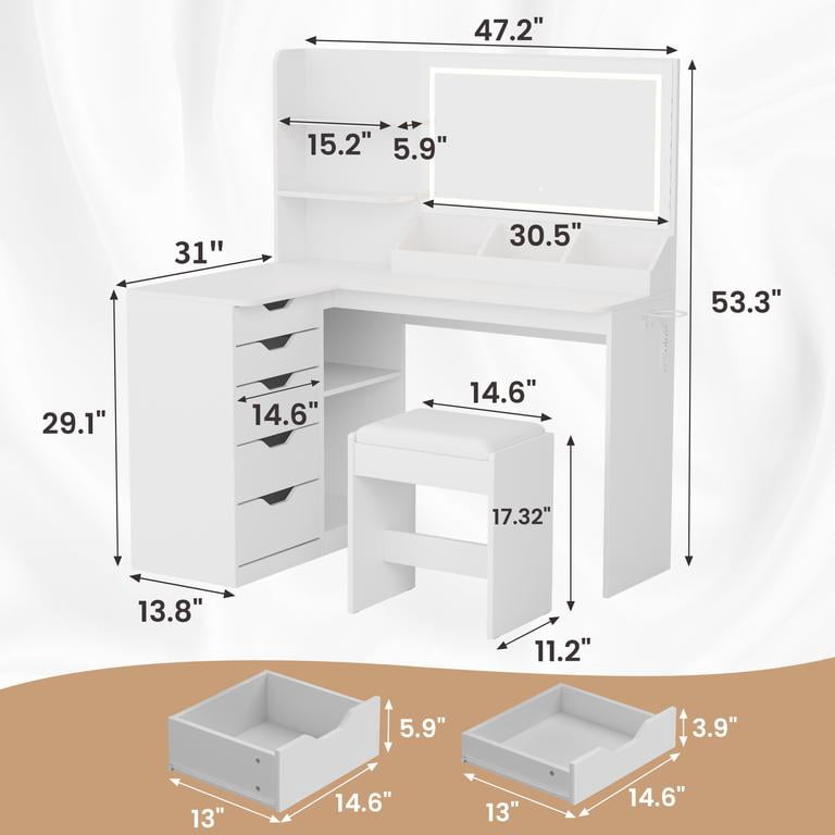Lacoo L-Shaped Corner Vanity Desk with LED Mirror & Stool, 5-Drawer Makeup Vanity Table with Charging Station & Hair Dryer Rack, Space-Saving Corner Vanity Set for Bedroom, White