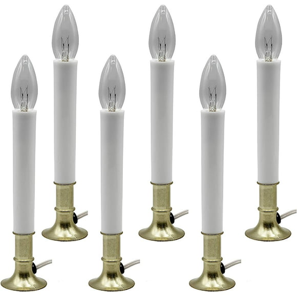 Electric Window Candle Lamp with Brass Plated Base, Dusk to Dawn Sensor Turns Candle on in Dark and Off in Light, Ready to Use! | 6 Pack