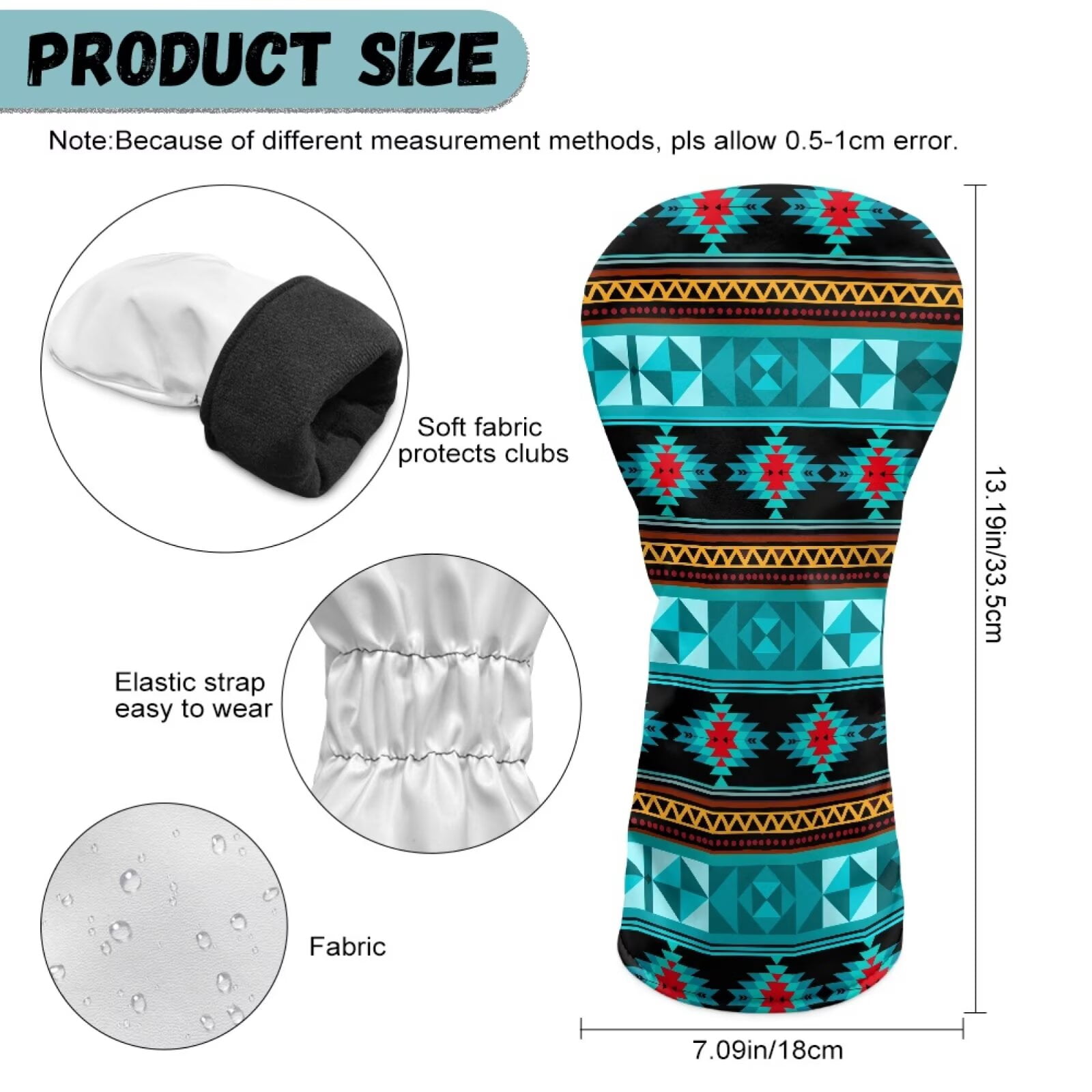 Uorisanigo Golf Club Head Covers - Driver, Fairway #3#5, Hybrid Headgear, Premium Aztec Turquoise Print Headcovers Set Fit Most Clubs, PU Leather Headcovers, Golf Accessories
