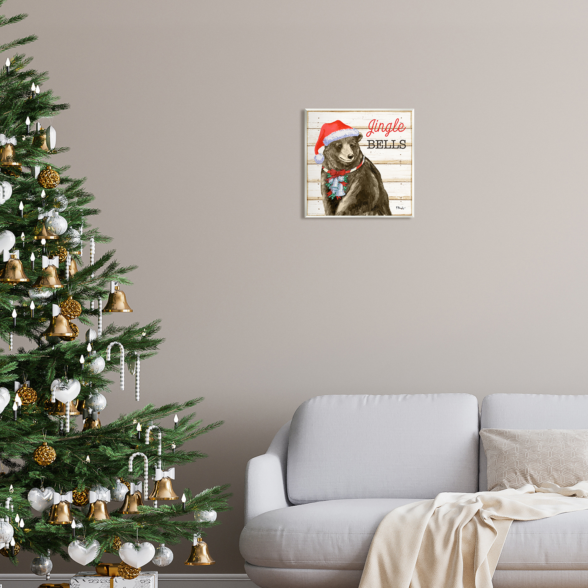 Stupell Industries Rustic Jingle Bells Bear Holiday Painting Unframed Art Print Wall Art, 12 x 12