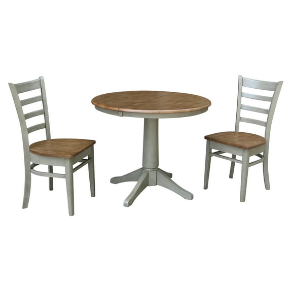 36" Round Solid Wood Extension Dining Table With 2 Emily Chairs in Distressed Hickory/Stone by International Concepts