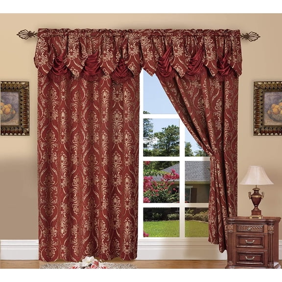 Curtain Panel Set with Attached Waterfall Valance, Jacquard Fabric, (SET of 2), 54 x 84 Inches, Burgundy