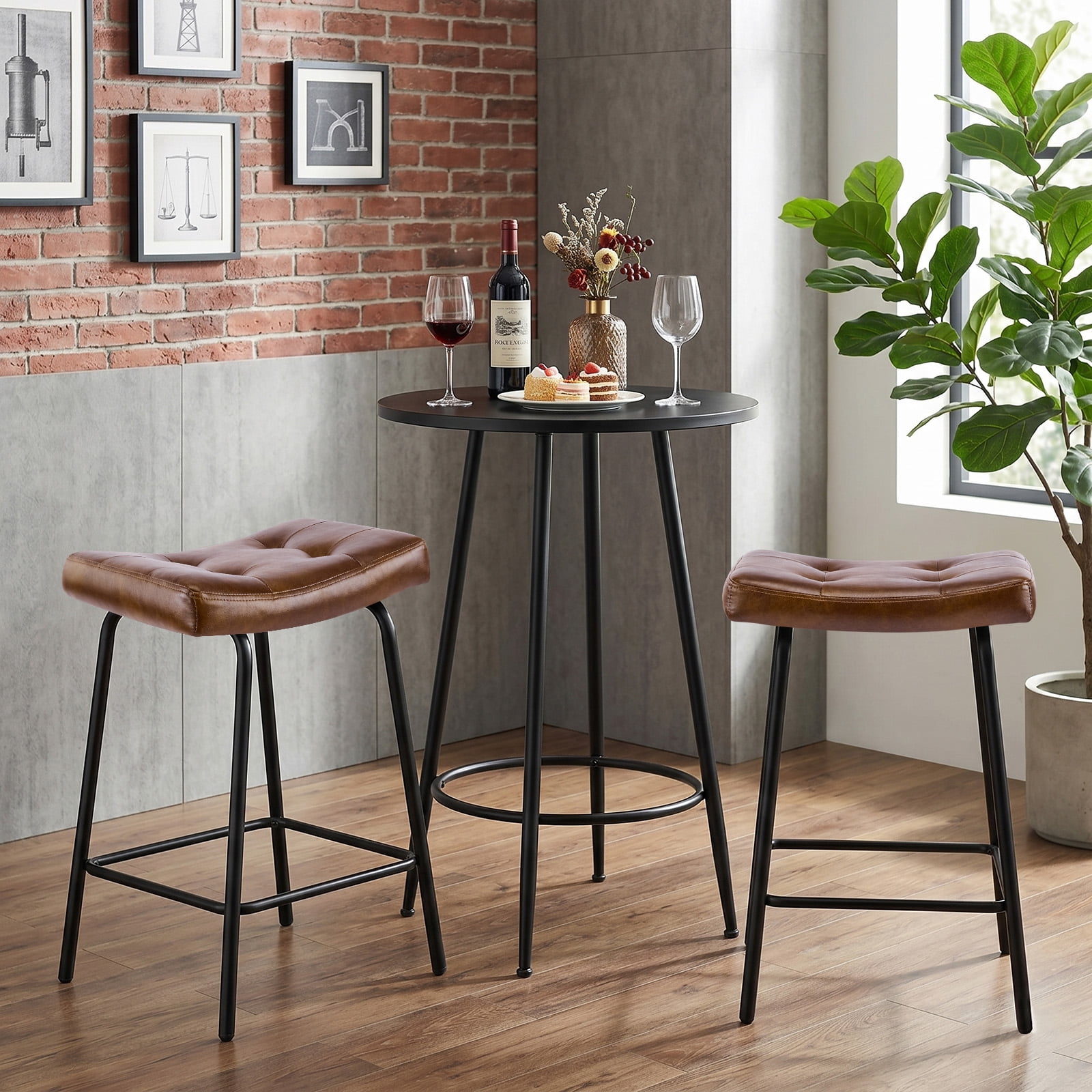 25" Saddle Counter Stools Set of 2, Tufted Faux Leather Counter Height Bar Stools with Metal Legs for Kitchen Island, Yellow Brown