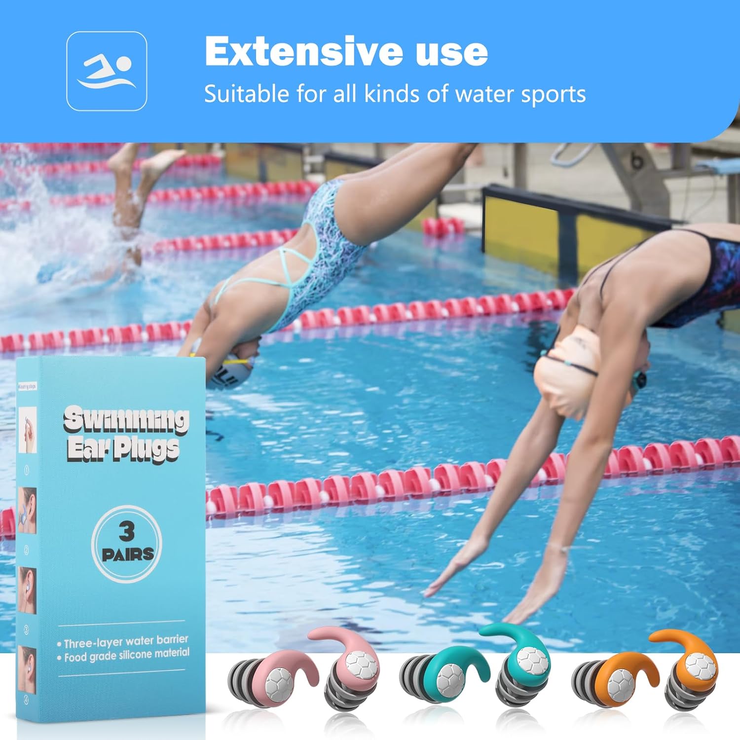 Swimming Ear Plugs for Adults,3 Pairs Waterproof Silicone Reusable Swim Earplugs for Swimming Surfing Diving Showering, Recommended for 14 Years Olds up