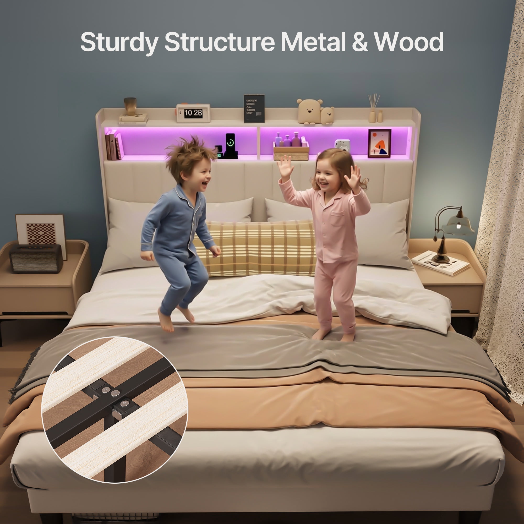 Asofer Queen Bed Frame With  RGB LED Smart RGB LED Lights & Charging Station, No Box Spring & Wood Slats, Beige