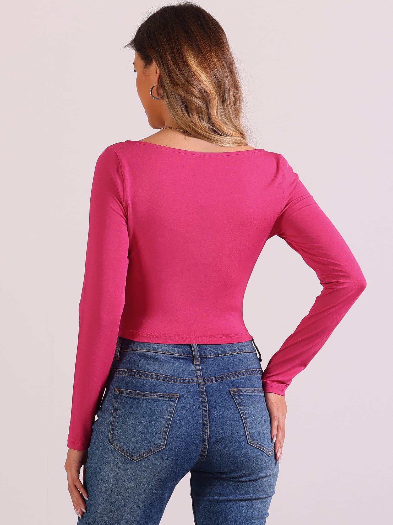 DARING DIVA Women's Square Neck Ruched Long Sleeve Fitted Cropped Blouse XS Hot Pink