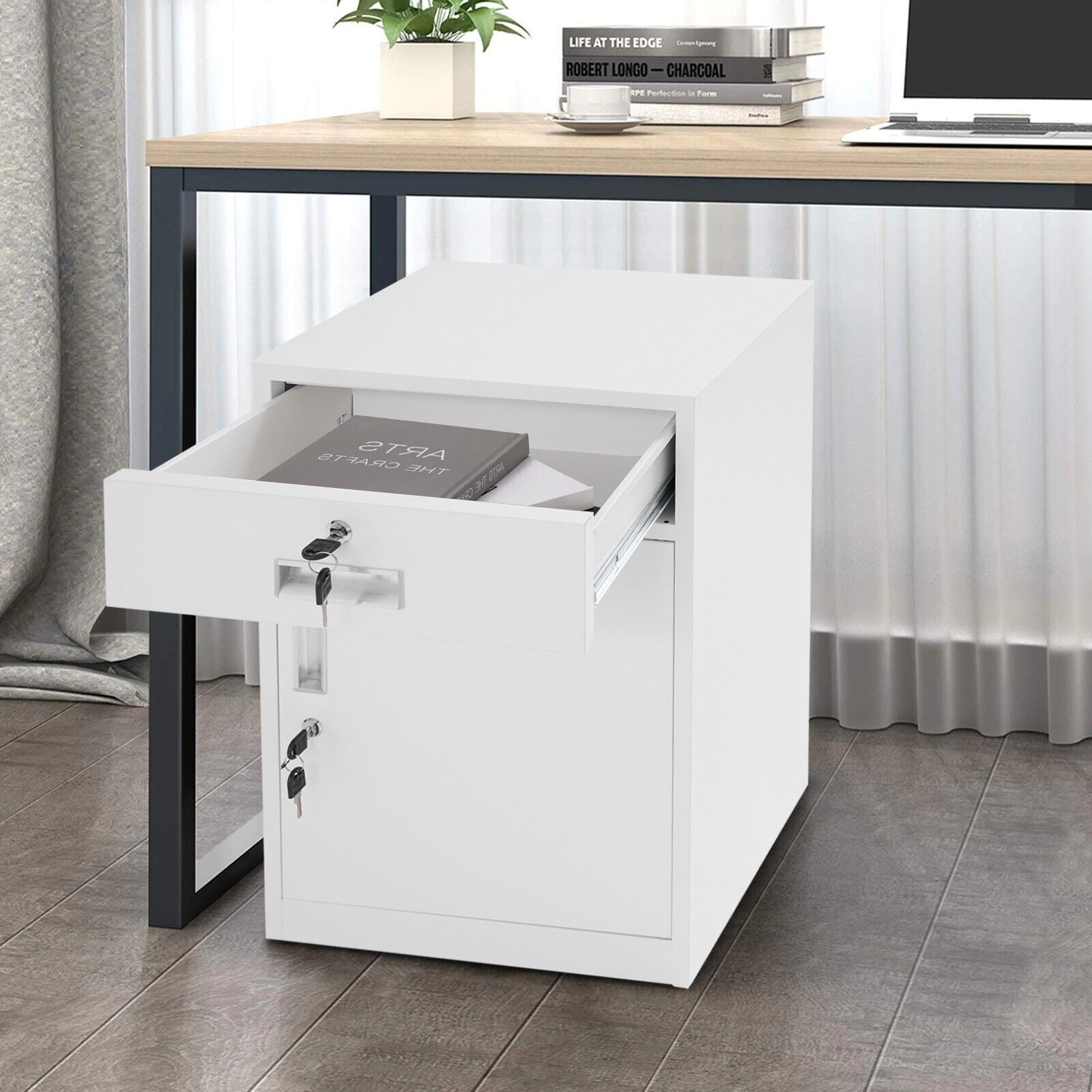 Lockable Storage Cabinet - White Under Desk Office Cabinet, Vertical File Organizer with Lock, Compact File Storage for Home, Office, and Workspace Organization