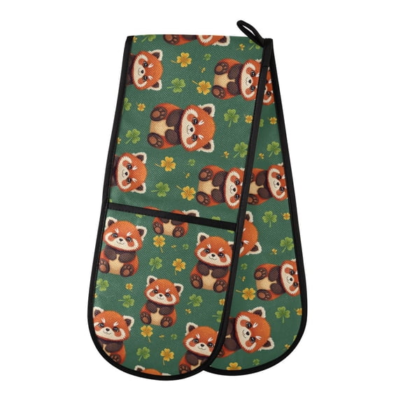 Dailycode Double Sided Oven Mitt with Loop Heat Resistant Kitchen Long Potholders 7" x 35" Lucky Red Panda Leaf
