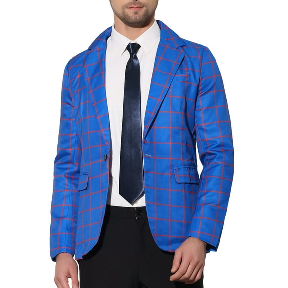 INSPIRE CHIC Men's Blazer Notch Lapel Contrasting Color Checked Pattern Sports Coat S Blue