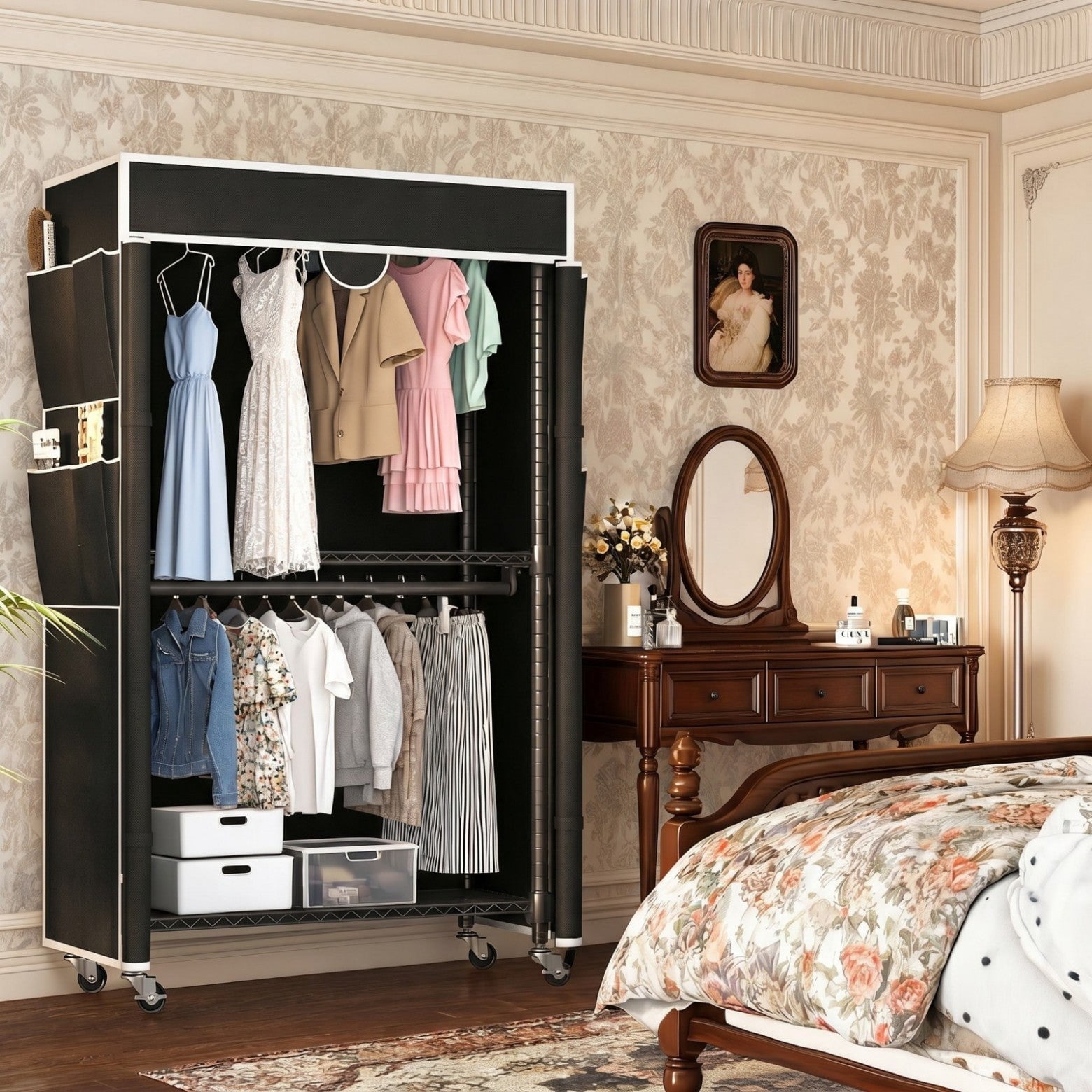 Sailvan Heavy Duty Clothing Rack with Cover, Portable Closet Wardrobe with Double Hanging Rods and Wheels, 3-Tier Storage Shelves,Black
