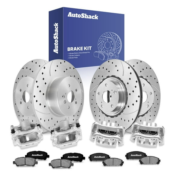 AutoShack Front Vented & Rear Solid Drilled & Slotted Silver Zinc Coated Brake Rotors   Ceramic Pads   Calipers 16-PC Brake Kit Replacement for 2010-2013 Toyota Highlander SilverShield Pro