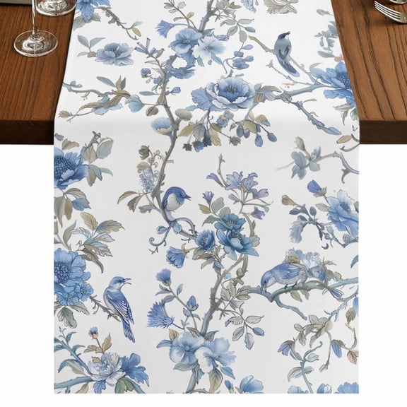 Blue Floral Birds Short Table Runner 48 Inches Long, Farmhouse Flowers Pastoral Cotton Linen Table Runners Dresser Scarves, Fabric Tabletop Scarf Furniture Cover for Home Dinner Party Decor 13"x48"