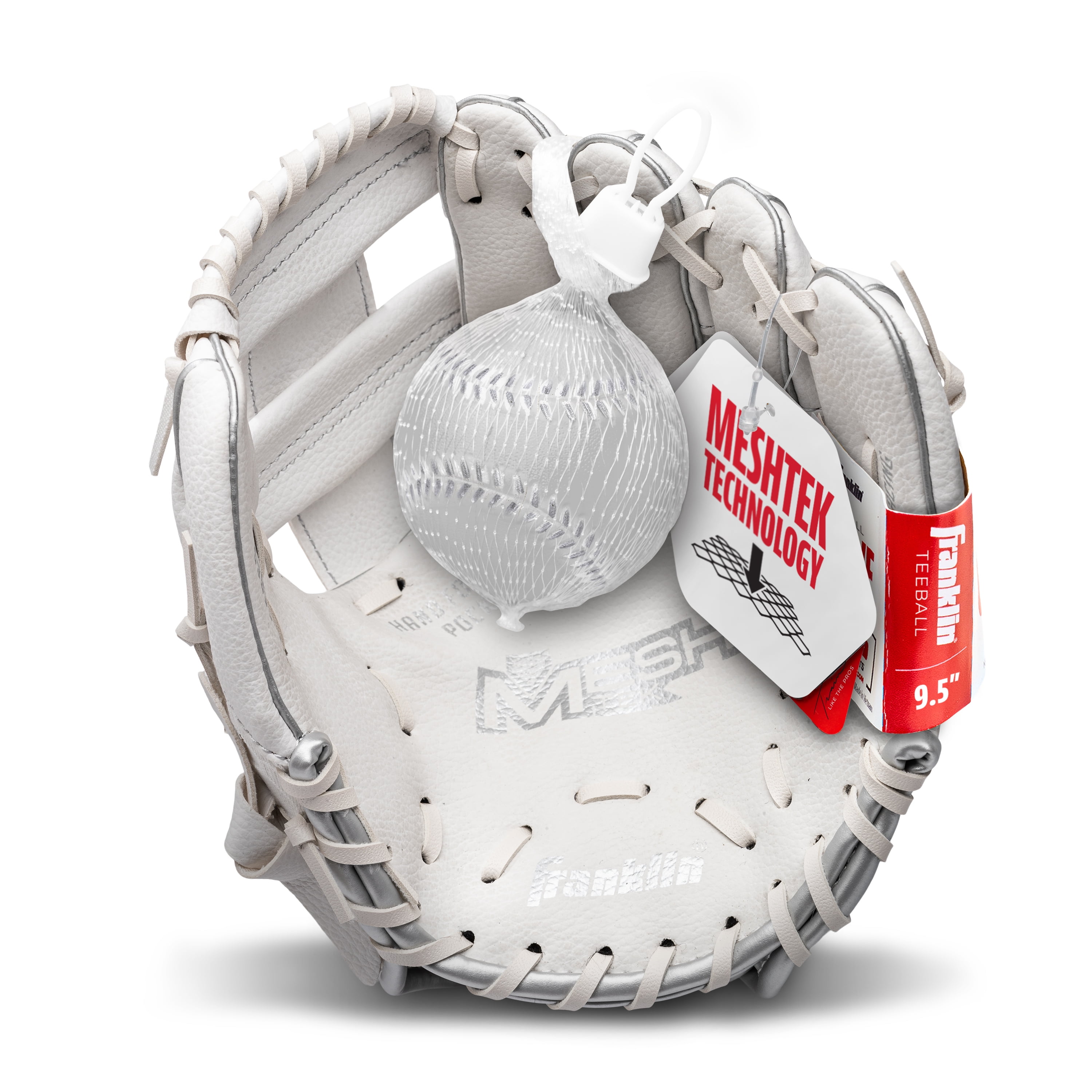 Franklin Sports Meshtek Kids Teeball Glove + Ball Set, 9.5 in, White/Chrome, Right Hand Throw
