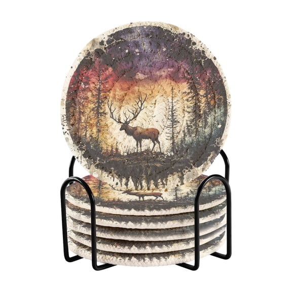 Moose in The Forest Drink Coasters with Holder Absorbent Coaster for Coffee Table Room Decor 6 Pack
