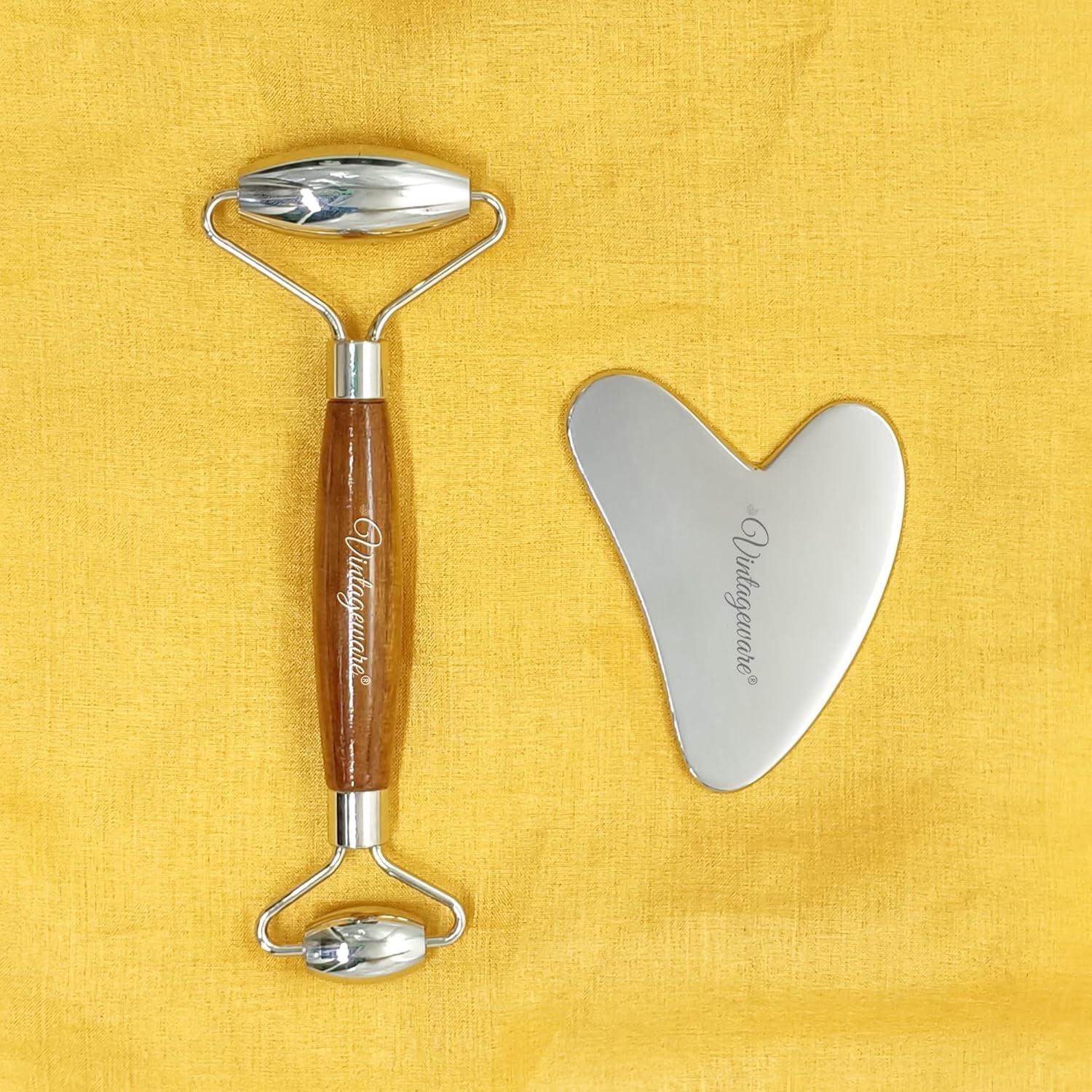 Vintageware® Stainless Steel Roller for Face-Natural Steel Gua Sha Massage Tool Massage Scraping Tool Muscle Pain Relief, Stress Release and Breaking Tissue (Face Roller With Heart Shape Gua sha)
