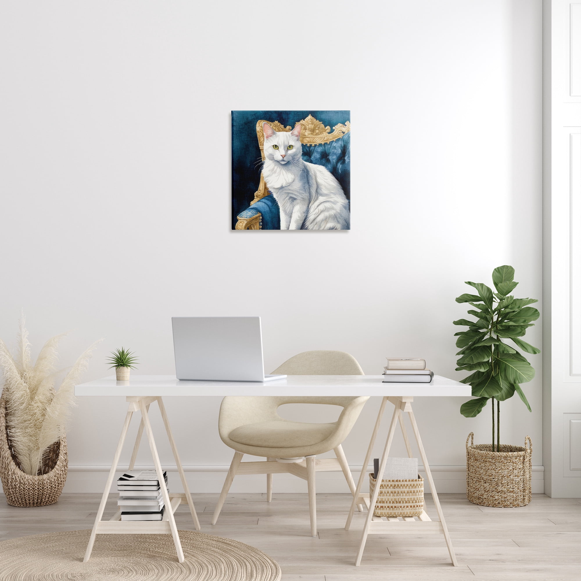 Stupell Industries White Cat & Ornate Chair Animals & Insects Painting Gallery Wrapped Canvas Art Print Wall Art, 24 x 24