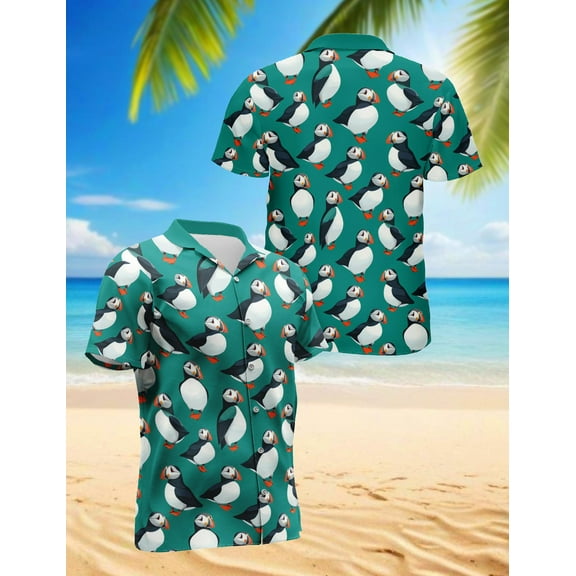 Puffin Birds Pattern Hawaiian Shirt for Men, Vintage Style, Button Down Summer Beach Short Sleeve, S-5XL