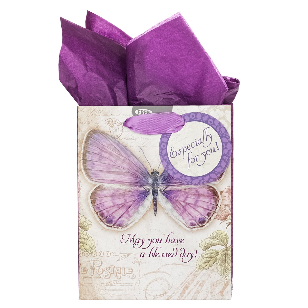 Purple Butterfly Gift Bag, Card, & Tissue Paper Blessed Day Numbers 6:24, Small