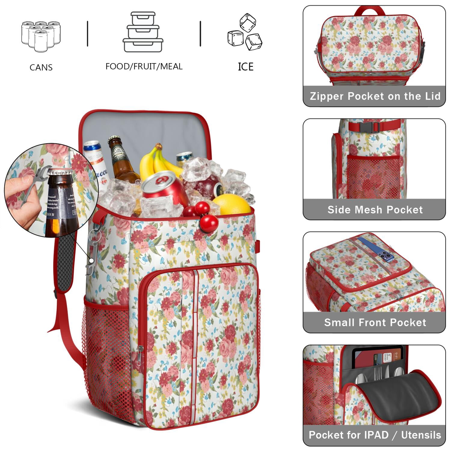 Travel Cooler Bag - Pioneer Flower Floral Print Pattern Camping Beer Cooler Backpack with Bottle Opener- Waterproof Insulated Picnic Backpacks - Cooler Bag for Beach