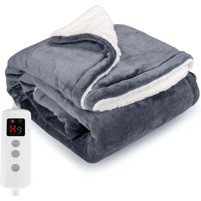 TEMOGU-Heated Blanket Electric Blanket Grey 50x60in, 10 Levels &1-9H Timer Auto-Off, Machine Washable, Soft Flannel Sherpa Full Body Warming, Sofa Bed Office Use, Heating Blanket