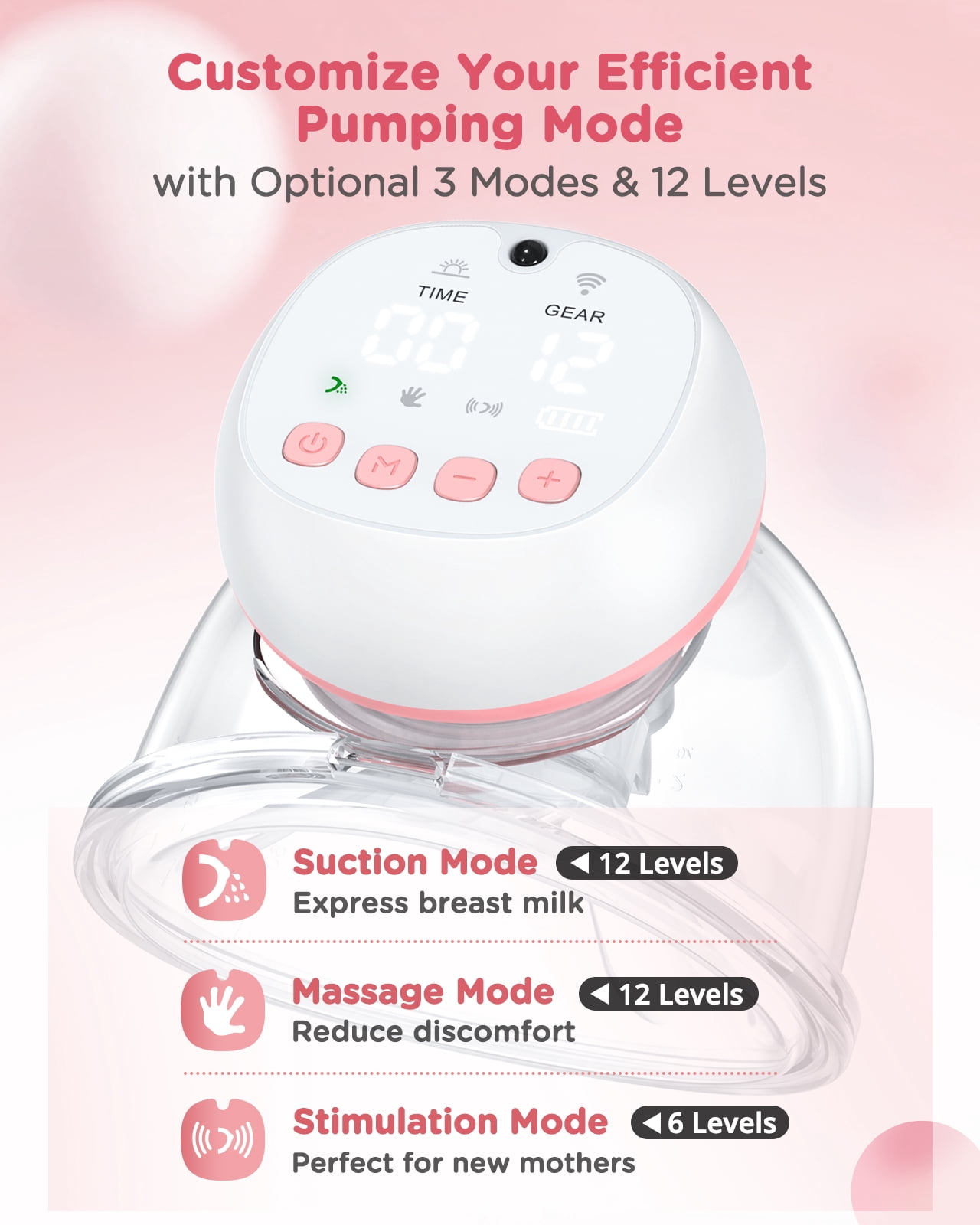 Totmizby Hands Free Wearable Breast Pump - 12 Levels & 3 Modes Electric Breast Pump with Remote Control, 140° Soft Silicone Cups, 1200mAh Rechargeable Battery (2 Pack, Pink)