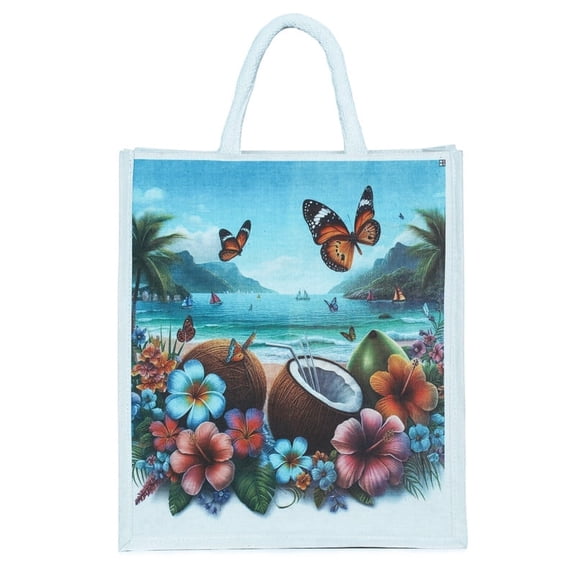 ATOTE Tropical Beach Print Jute Tote Bag, 14x16x5 Inch Reusable Grocery & Travel Bag, Butterfly & Hibiscus Art Print, Set of 1 Pcs