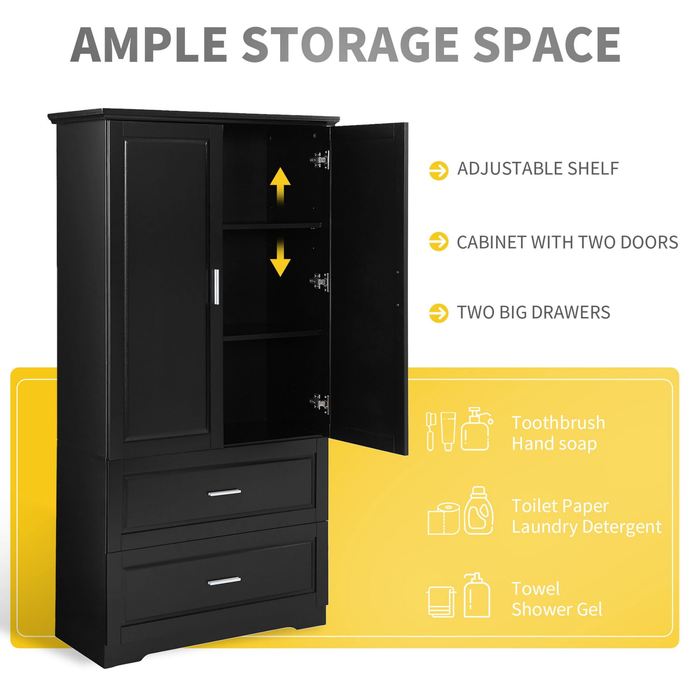 DEALTOPS Tall Spacious Storage Cabinet with 2 Drawers and Adjustable Shelf for Bathroom, Living Room, Black
