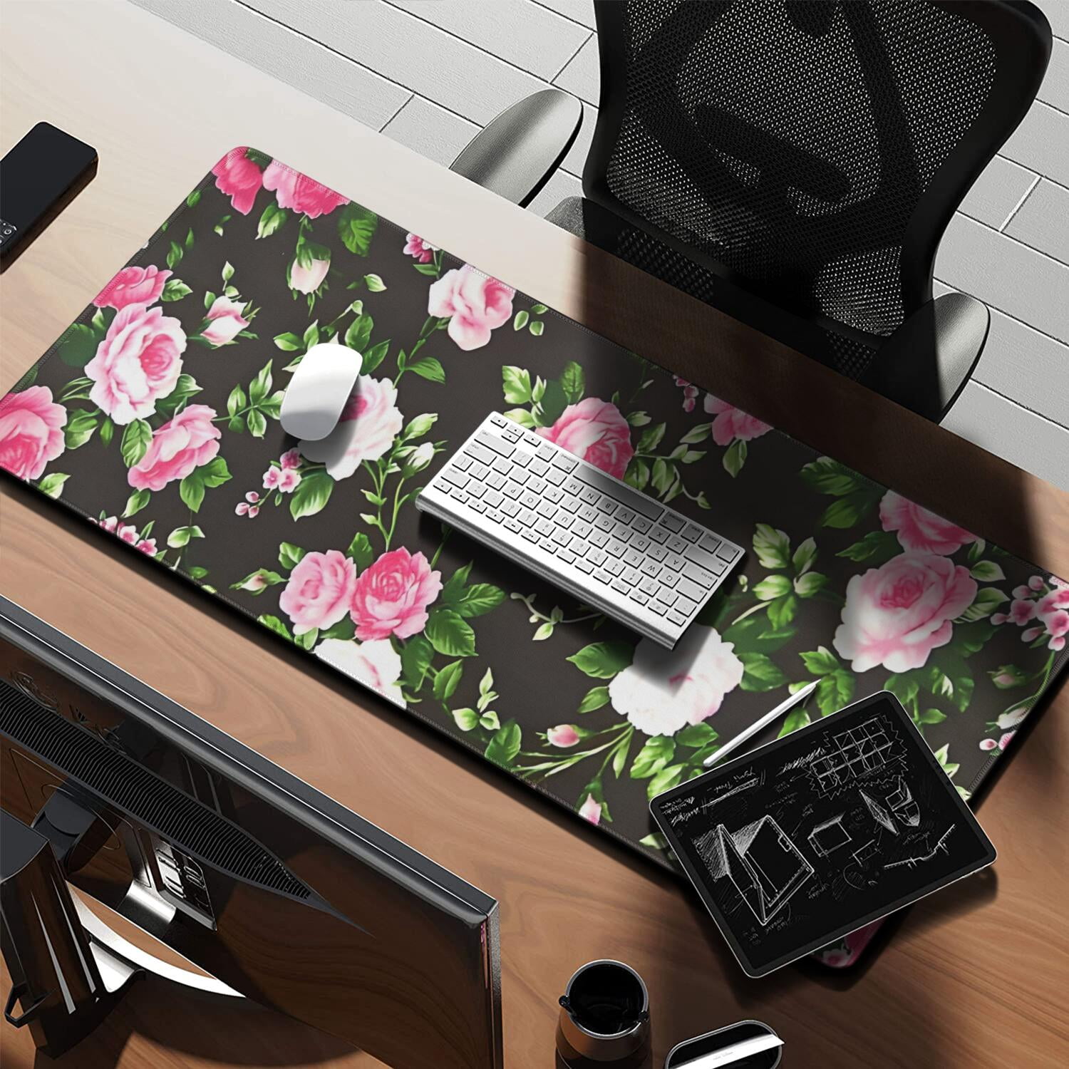 Long Mouse Pads for Desk,Pioneer Flower Floral Print Pattern Desk Mats on Top Of Desks, Desk Mouse Pad Extra Large with 3mm Non-Slip Base and Stitched Edge for Gaming,Office,Work,Home 35.4"x15.7"