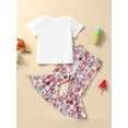 thumbnail image 3 of Bagilaanoe 4th of July Clothes for Toddler Baby Girl Short Sleeve Letter Print T-Shirts Tops + Floral Flare Trousers 12M 18M 24M 3T 4T 5T Kids Independence Day Outfits 2pcs Long Pants Set, 3 of 9