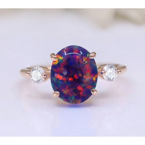Oval Black Opal Gemstone Engagement Ring Vintage Art deco Bridal Moissanite Ring 14K Rose Gold 925 Silver Ring Promise Ring For Love