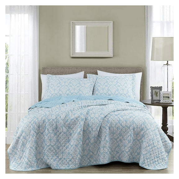 Floral Medallion Quilt Set Queen Size, 3-Piece Blue/White Floral Printed Pre-Washed Reversible Microfiber Bedspread Set