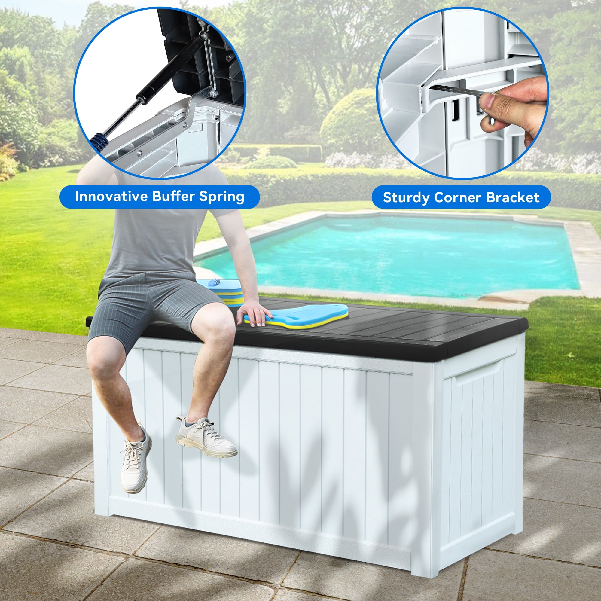 Dextrus Extra Large 230 Gallon Outdoor Storage Deck Box for Patio Cushions, Yard Implements, and Sports/Pool Gear, Durable Weatherproof Resin, Secure Locking Mechanism (Black&White 2)