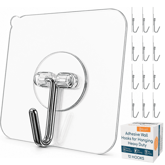 Adhesive Wall Hooks for Hanging Heavy Duty 22 lbs Hooks for Walls No Drill, Towel Sticky Clear Hook, Waterproof, Home, Bathroom, Kitchen, Office, and Outdoor 12 Pack