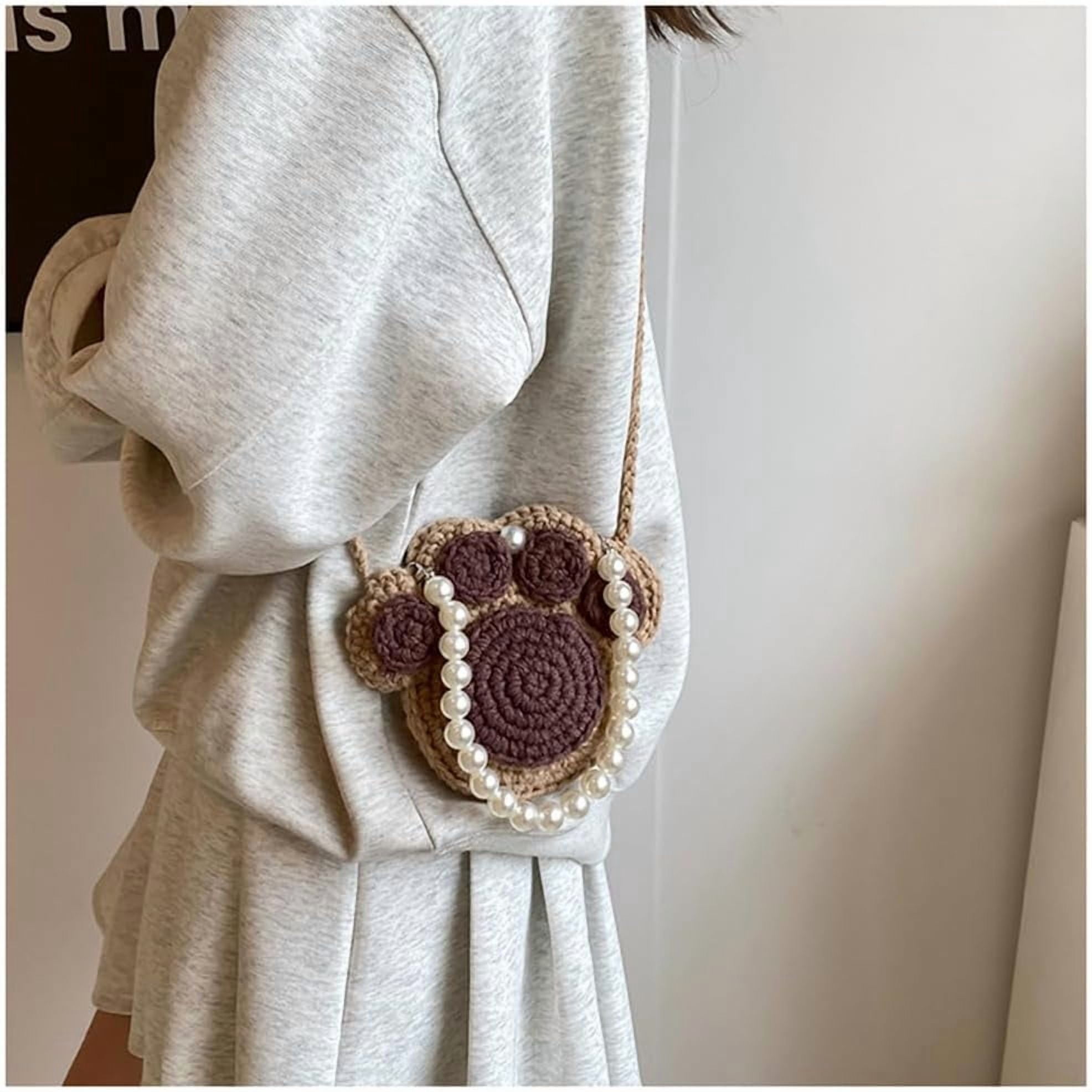 Ladies Crochet Cat's Paw Shape Crossbody Bag with Pearl Chain Cute Handmade Crochet Cat's Paw Handbag Cat's Paw Purse