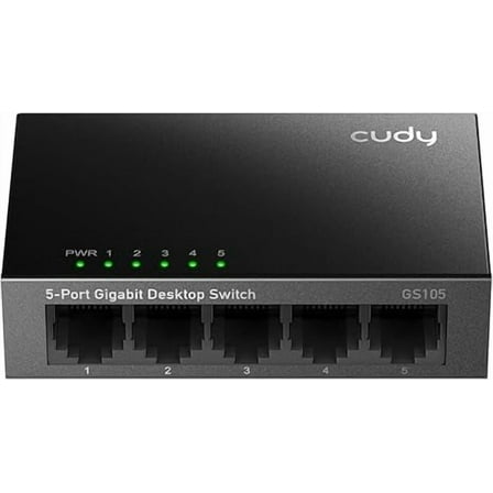 Cudy - GS105 5-Port Gigabit Unmanaged Ethernet Switch, Network Hub, Ethernet Splitter, Plug & Play, Fanless Metal Design, Traff Optimization- Black