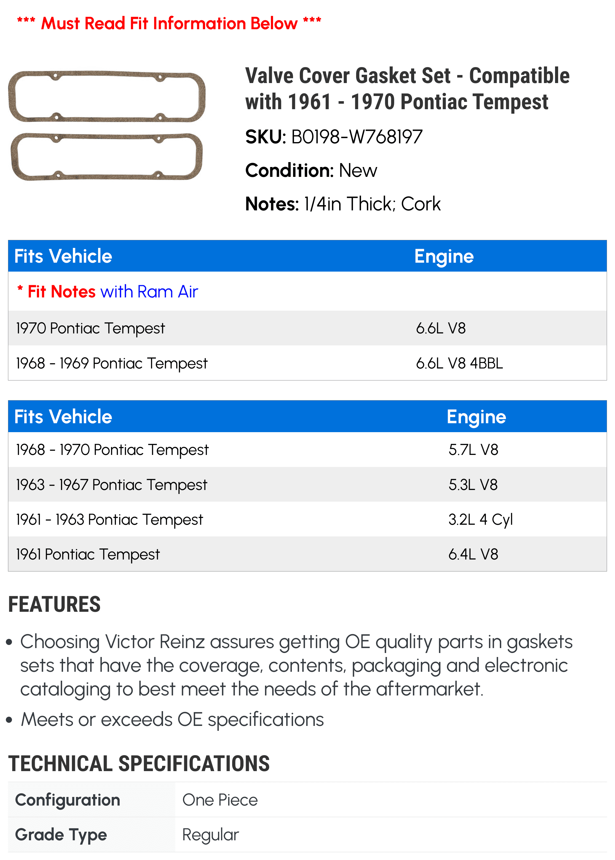 Valve Cover Gasket Set - Compatible with 1961 - 1970 Pontiac Tempest 1962 1963 1964 1965 1966 1967 1968 1969