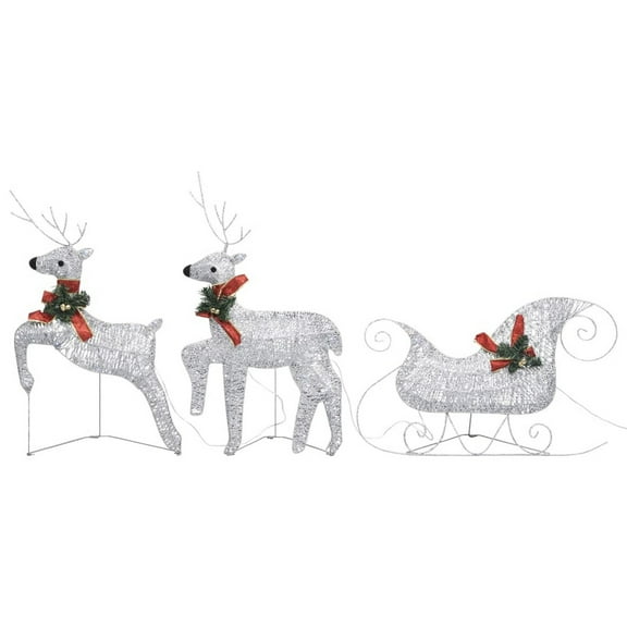 Benjara 7pc Outdoor 140 LED Light Christmas Reindeer and Sleigh, Silver