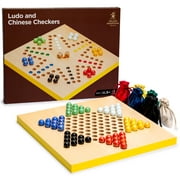 2-in-1 Reversible Ludo and Chinese Checkers Halma Wood and Glass Marble Game Set - 12-Inch