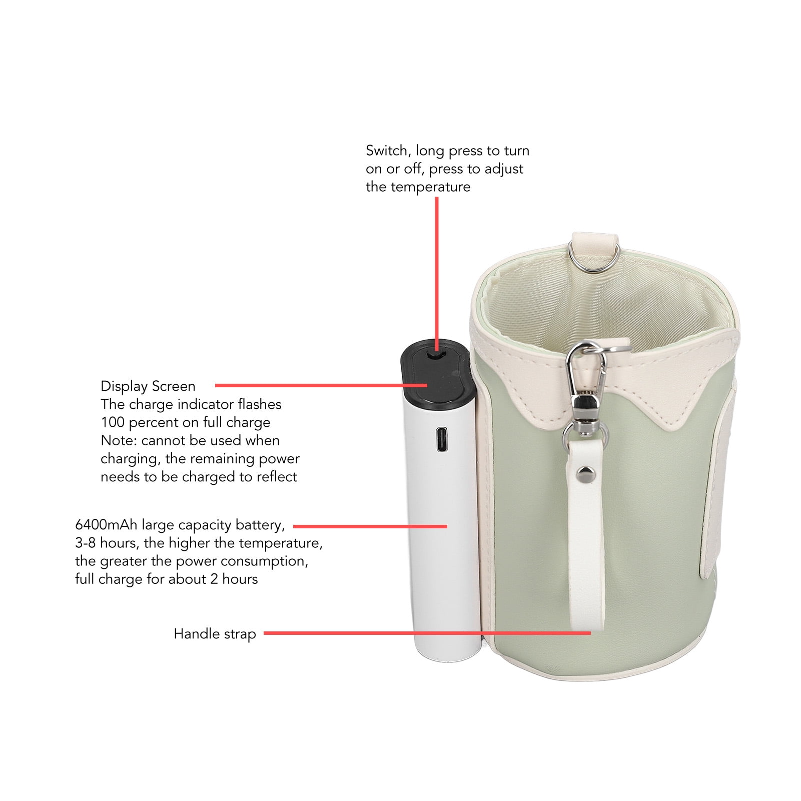 Yajisi Portable Baby Bottle Warmer Digital Display 21 Gears Temperature Adjustable Rechargeable Universal Milk Heater Bag for Travel Home Green Color