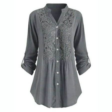 gakvov Fall Clothes For Women 2022 Plus Size Tunic Tops Casual Button Lace Solid Long Sleeves V-Neck Shirt Blouse Tops