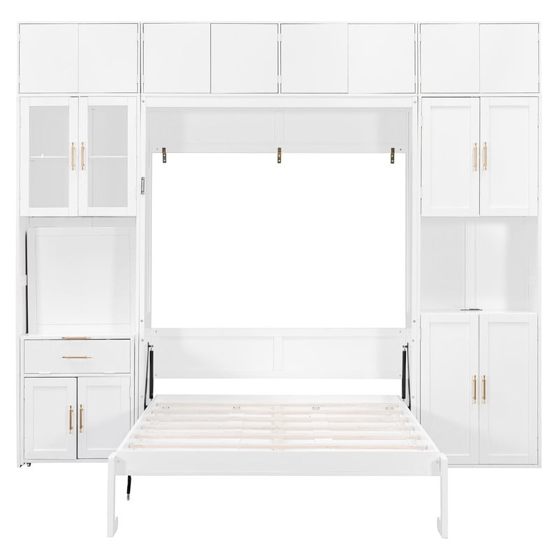 Full Size All-in-One Murphy Bed with Hidden Desk & Storage Cabinets, Foldable Platform Bed Frame with Power Outlet & LED Light