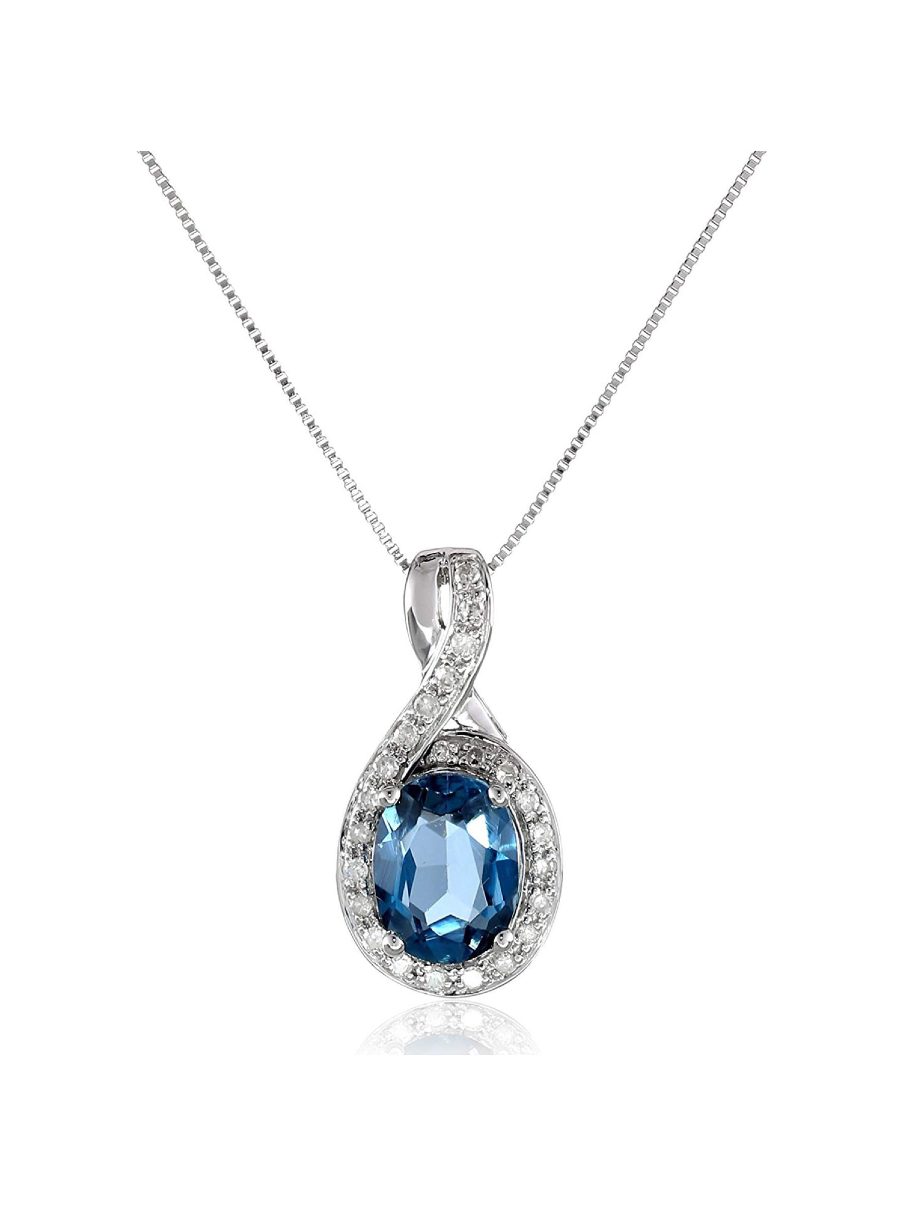 10K White Gold Natural Blue Topaz and Diamond Necklace with 18 inch chain