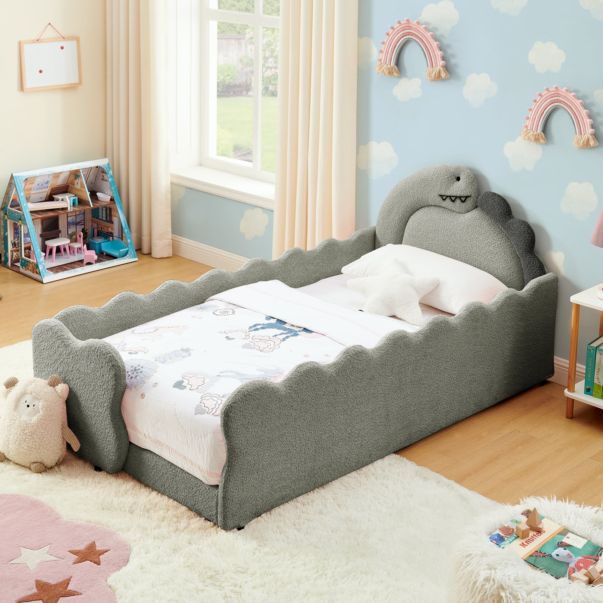 T-Joy Cute Dinosaur-Shaped Kids Bed with Safety Guardraild, Boucle Wooden Toddler Bed, Twin Size, Grey